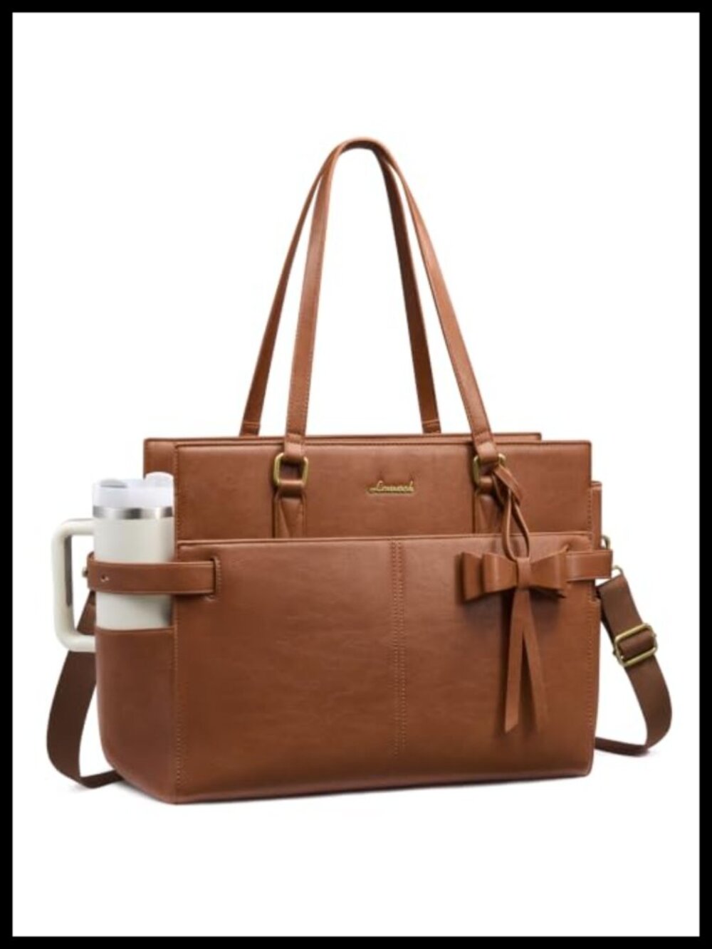 Women's PU Leather Laptop Tote Bag Work Bag with Cup Holder Fits 15.6"